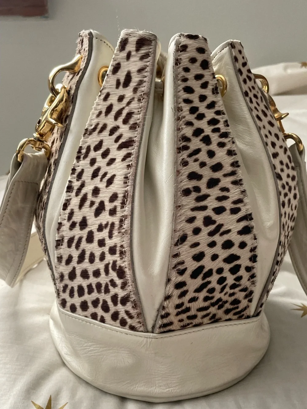 Vintage White & Leopard Pony Hair Leather Drawstring Bucket Bag